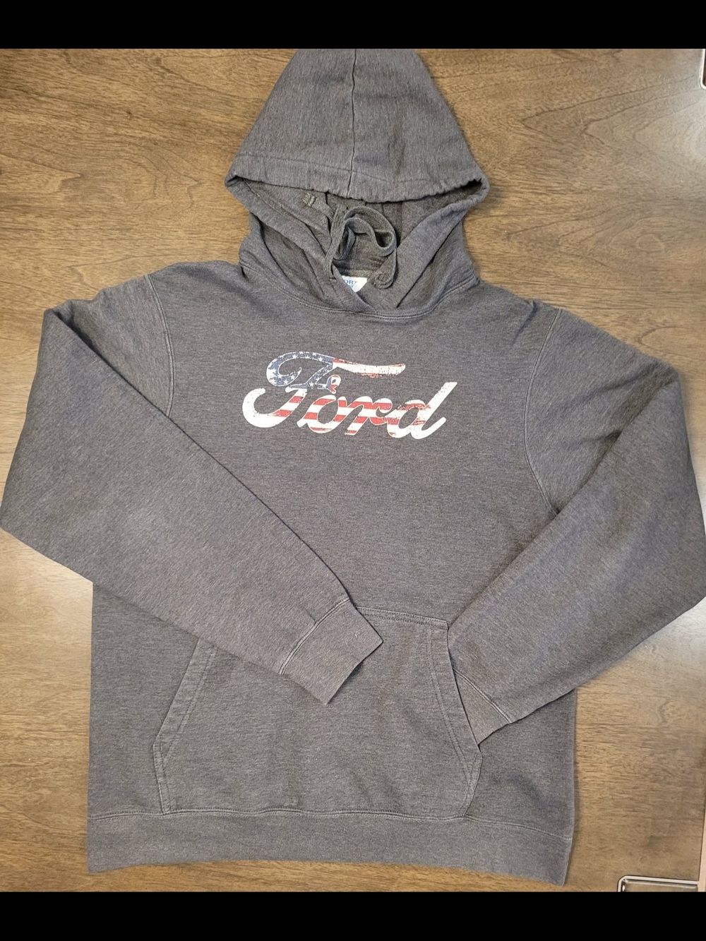 Ford Men's Charcoal Hooded Sweatshirt with American Flag Script